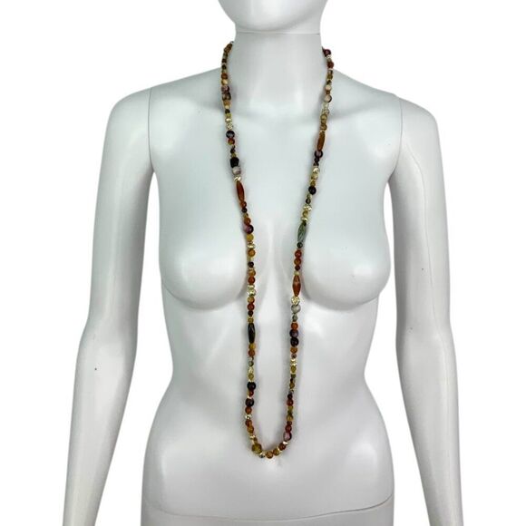 Vintage Multicolor Long Beaded Necklace Brown Gold Green - Picture 1 of 3